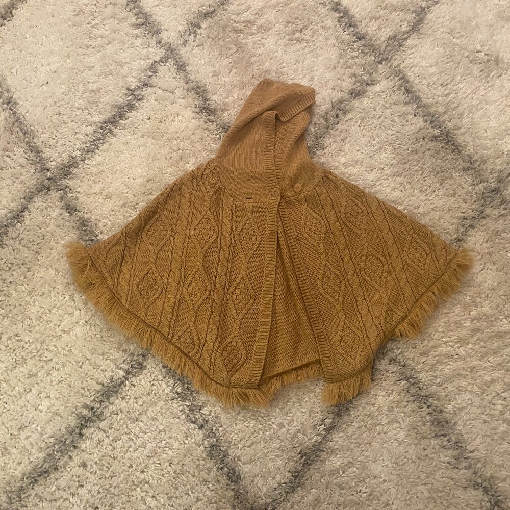 J.J. Basics Y2K Light Brown One Button Hooded Poncho Fringe Sweater Size M/L